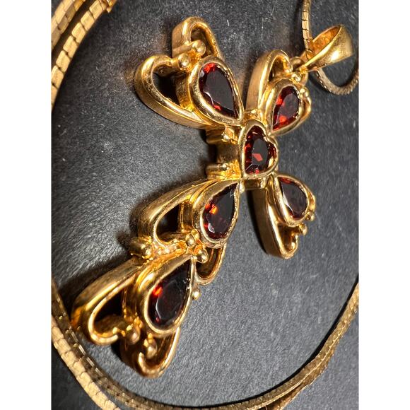 Vintage SETA Garnet Cross Pendant Necklace Gold Tone 24” - Picture 8 of 13
